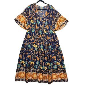 Keluummi Maxi Dress Womens 22 Blue Yellow Boho Floral Print Tiered Short Sleeve